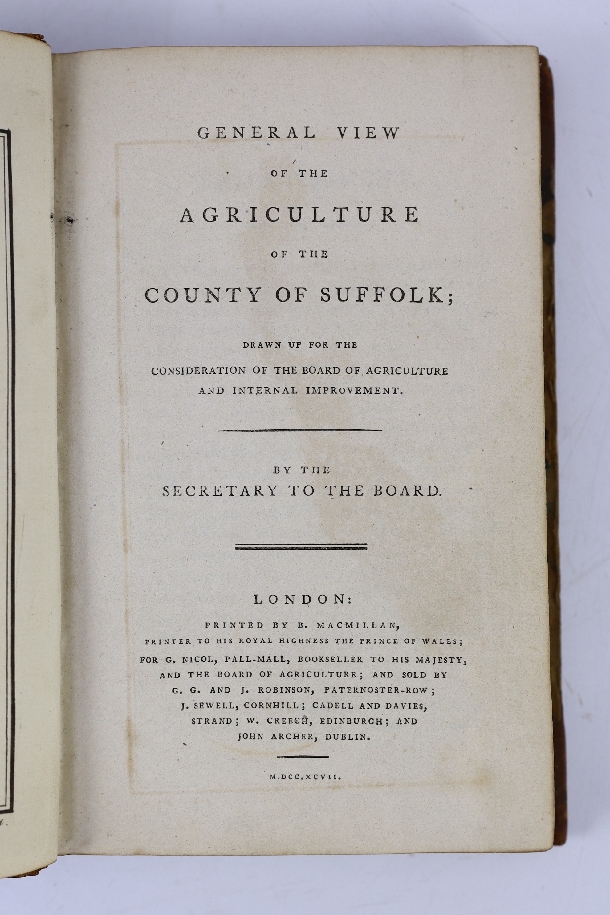 SUFFOLK: (Young, Arthur) General View of the Agriculture of the County of Suffolk ... (2nd edition). folded and hand-coloured map, 2 folded plates, half title; contemp. half calf and marbled boards, gilt-ruled and letter